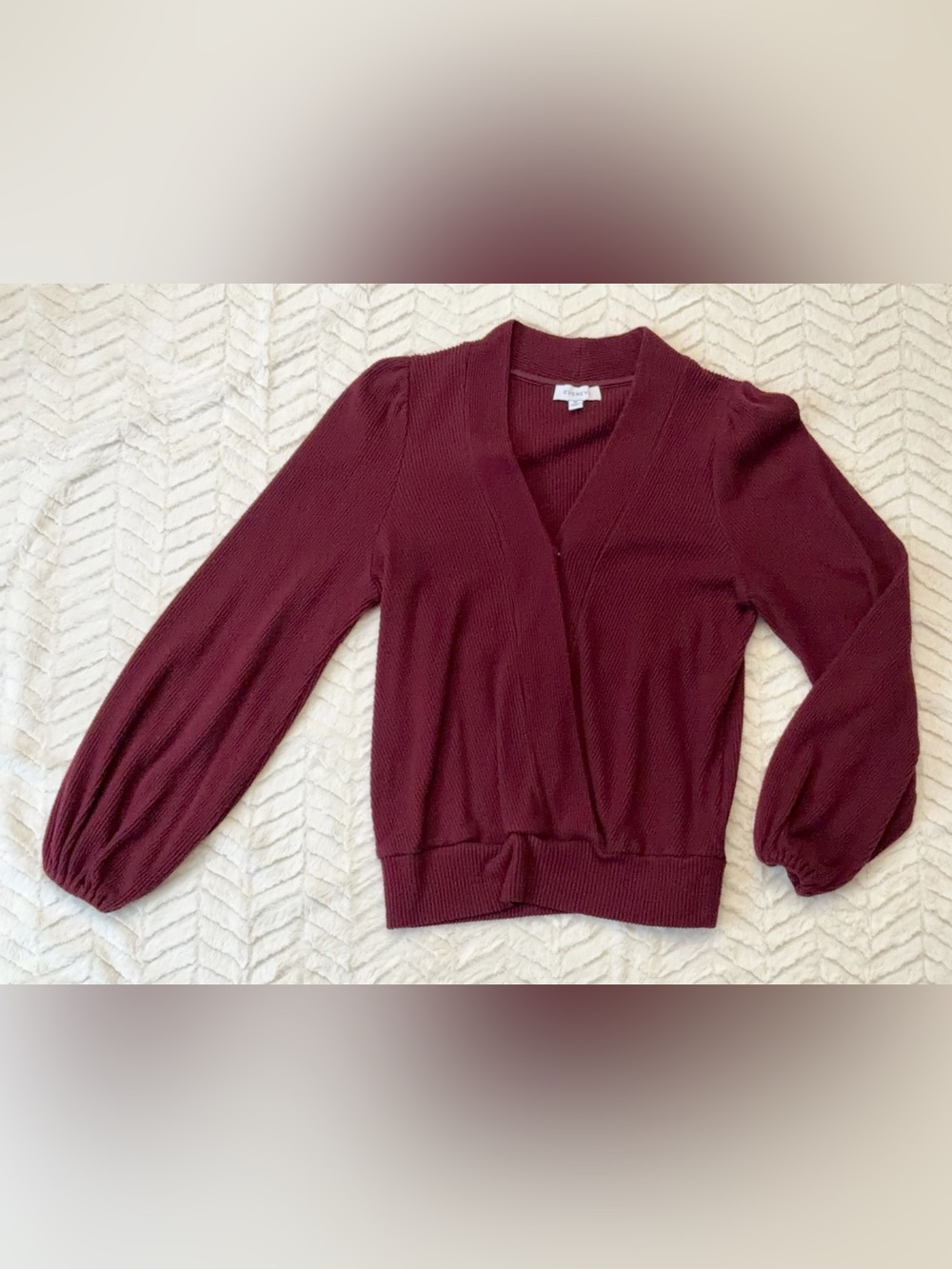 Evereve Burgundy Rib Knit Faux Wrap Sweater Balloon Sleeve Medium